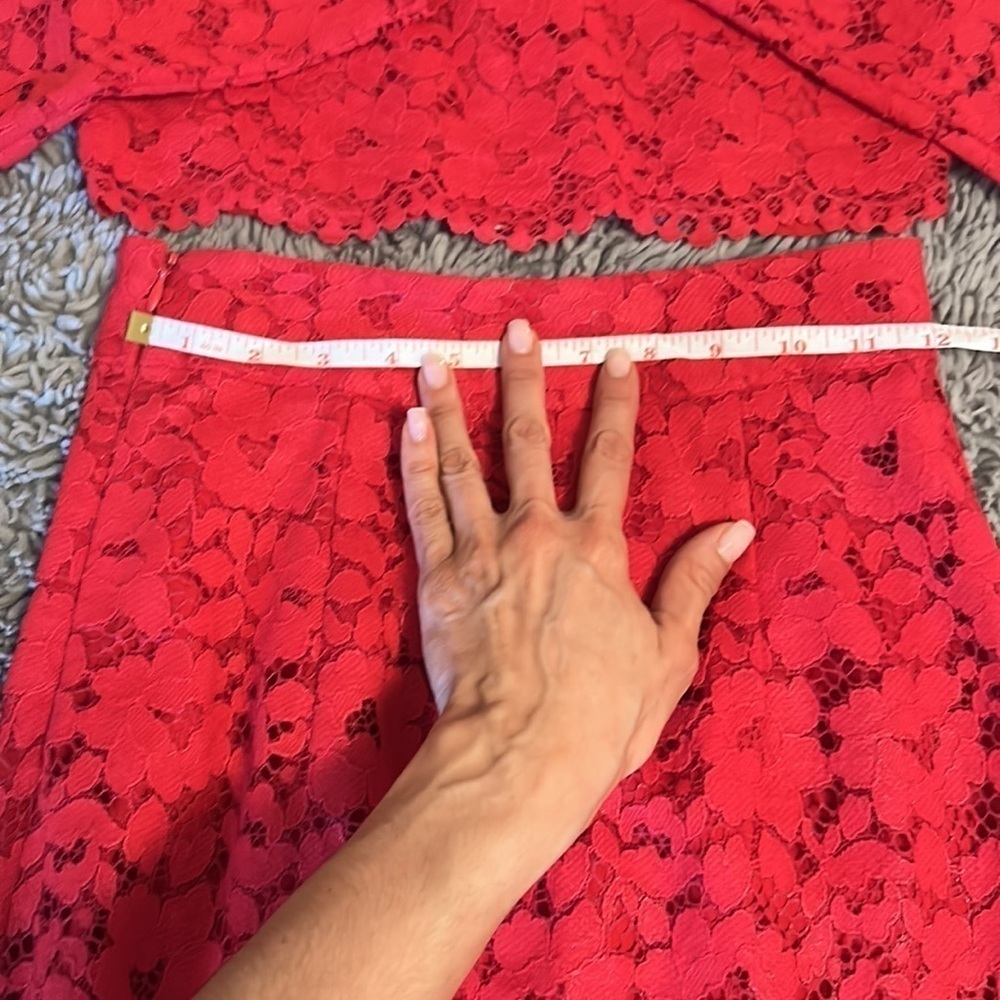 Marciano Red Hot Rebelle Metallic Lace Piya Long Sleeve Crop Top + Skirt Set - Picture 12 of 16